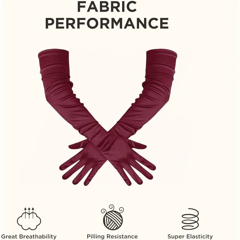 Women's Long Satin Gloves Dark Red Stretchy Upper Arm Length Costume Design